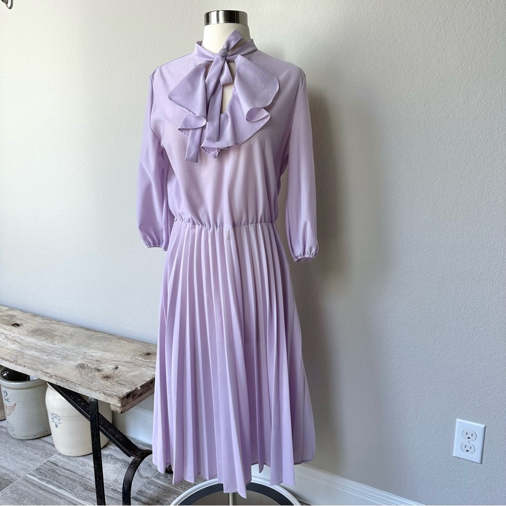 Vintage Union Made USA Pleated Skirt Dress Tie Bow at Neck Sheer 10